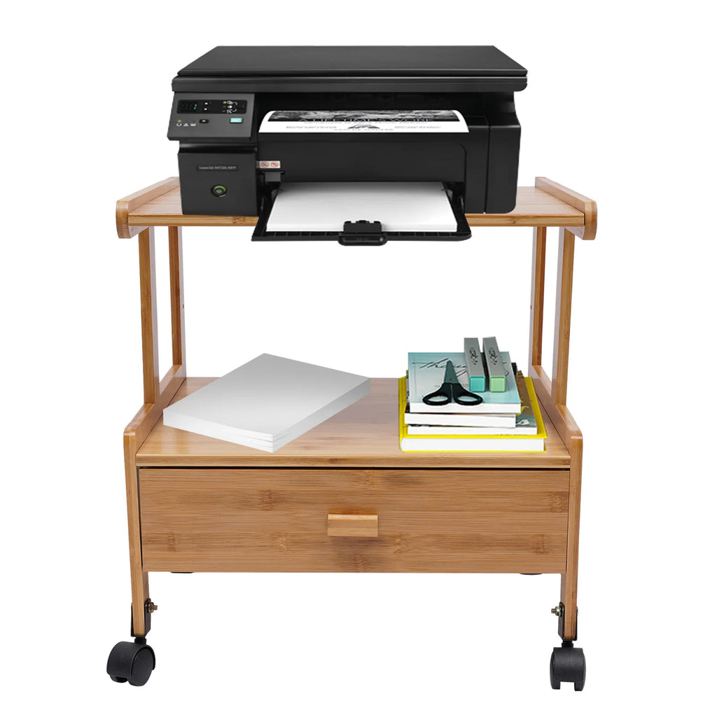 2 Tiers Wood Storage Cart with Wheels Drawer Office Printer Stand Office Rolling Cart Printer Cart for Home Office Library