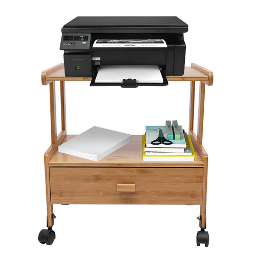 2 Tiers Wood Storage Cart with Wheels Drawer Office Printer Stand Office Rolling Cart Printer Cart for Home Office Library