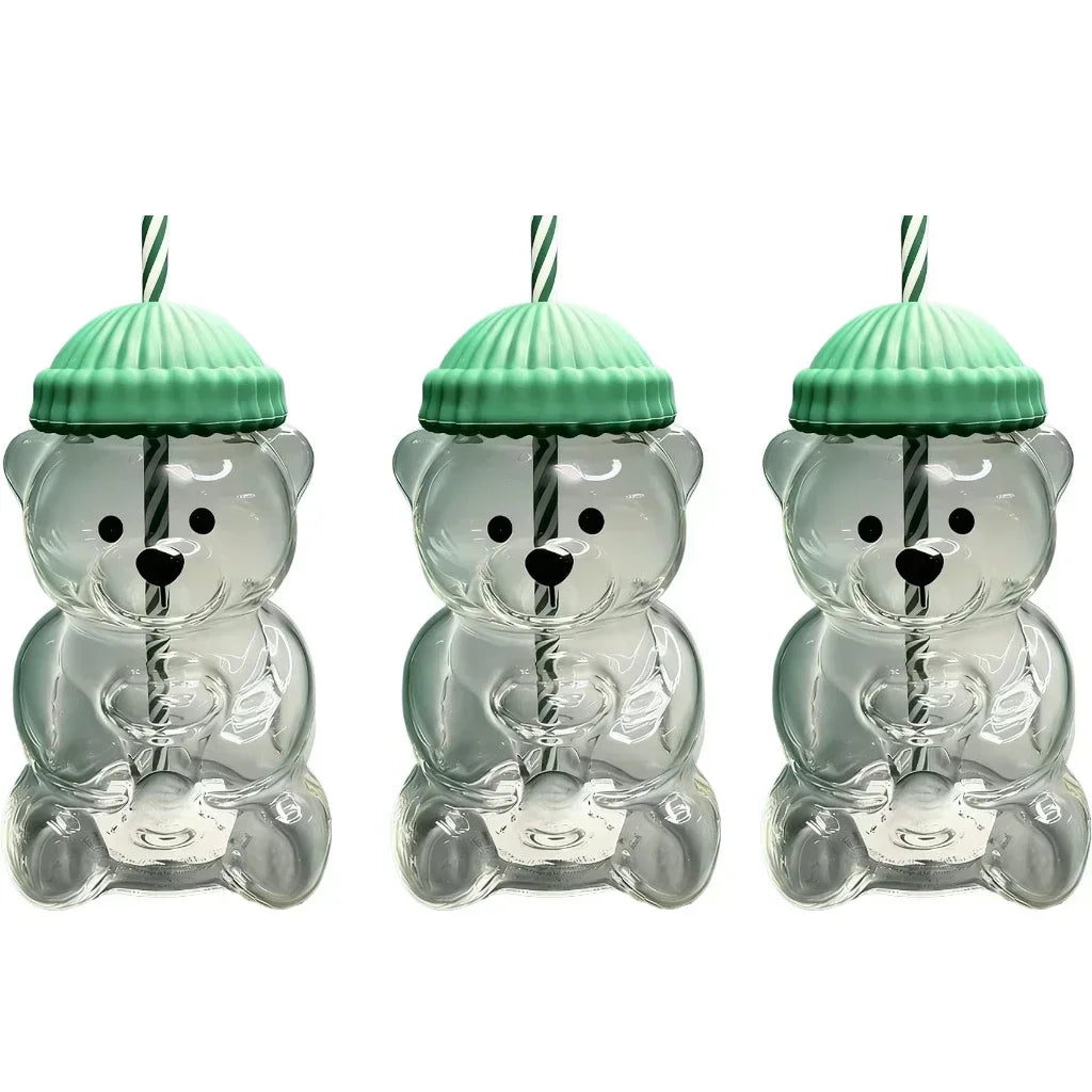 Cute Bear Glass 500ML Green Hat Striped Straw Heat resistant and Durable Suitable for Daily Juice, Milk, Hot Chocolate Beverages