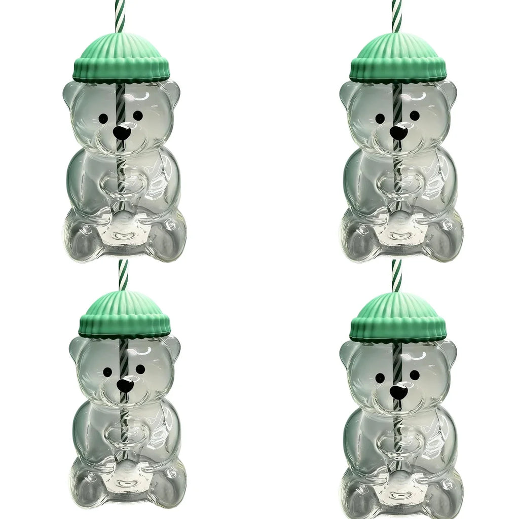 Cute Bear Glass 500ML Green Hat Striped Straw Heat resistant and Durable Suitable for Daily Juice, Milk, Hot Chocolate Beverages