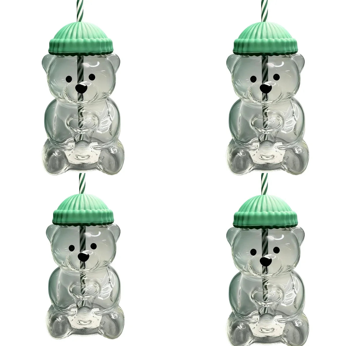 Cute Bear Glass 500ML Green Hat Striped Straw Heat resistant and Durable Suitable for Daily Juice, Milk, Hot Chocolate Beverages