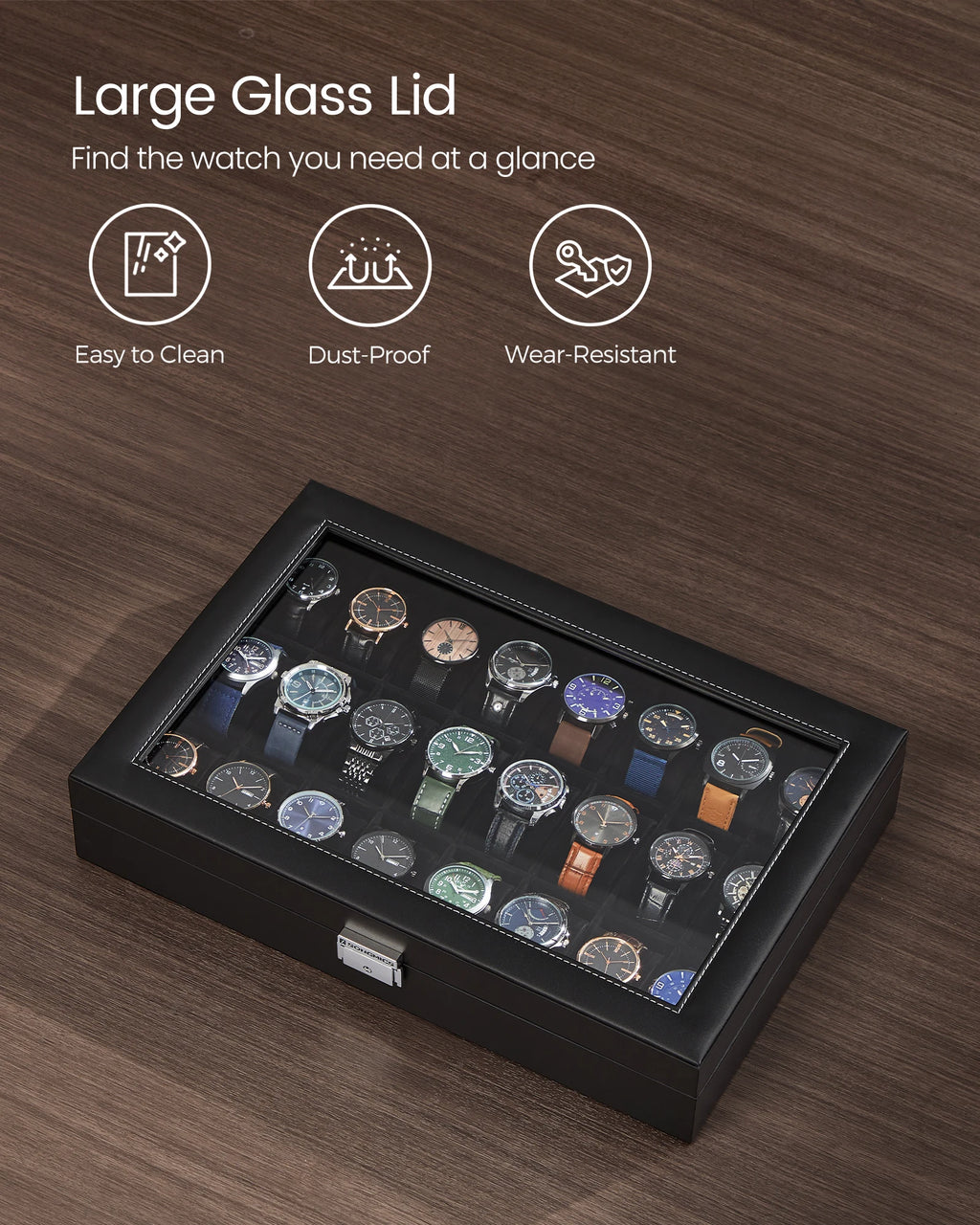 SONGMICS Watch Box, Lockable Watch Case, Watch Storage Box with 24 Slots, Glass Lid, Gift for Loved Ones