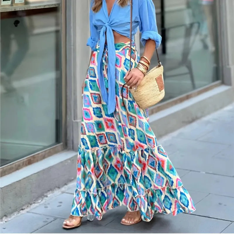 Elegant Women Green Print Elastic Waist Skirt Spring Summer Femme Patchwork Slim SkirtStreetwear Casual Ankle-Length Long Skirt