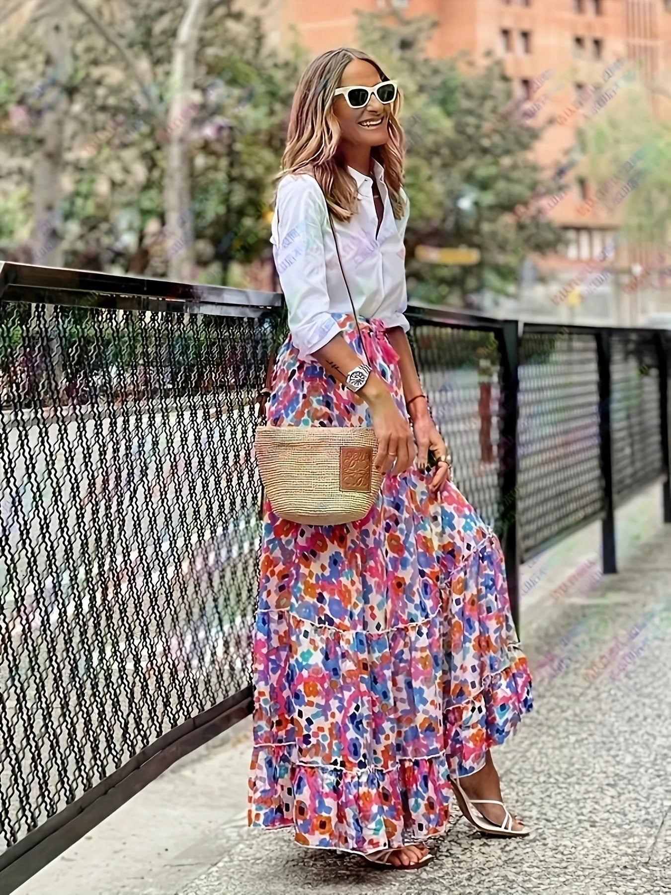 Elegant Women Green Print Elastic Waist Skirt Spring Summer Femme Patchwork Slim SkirtStreetwear Casual Ankle-Length Long Skirt