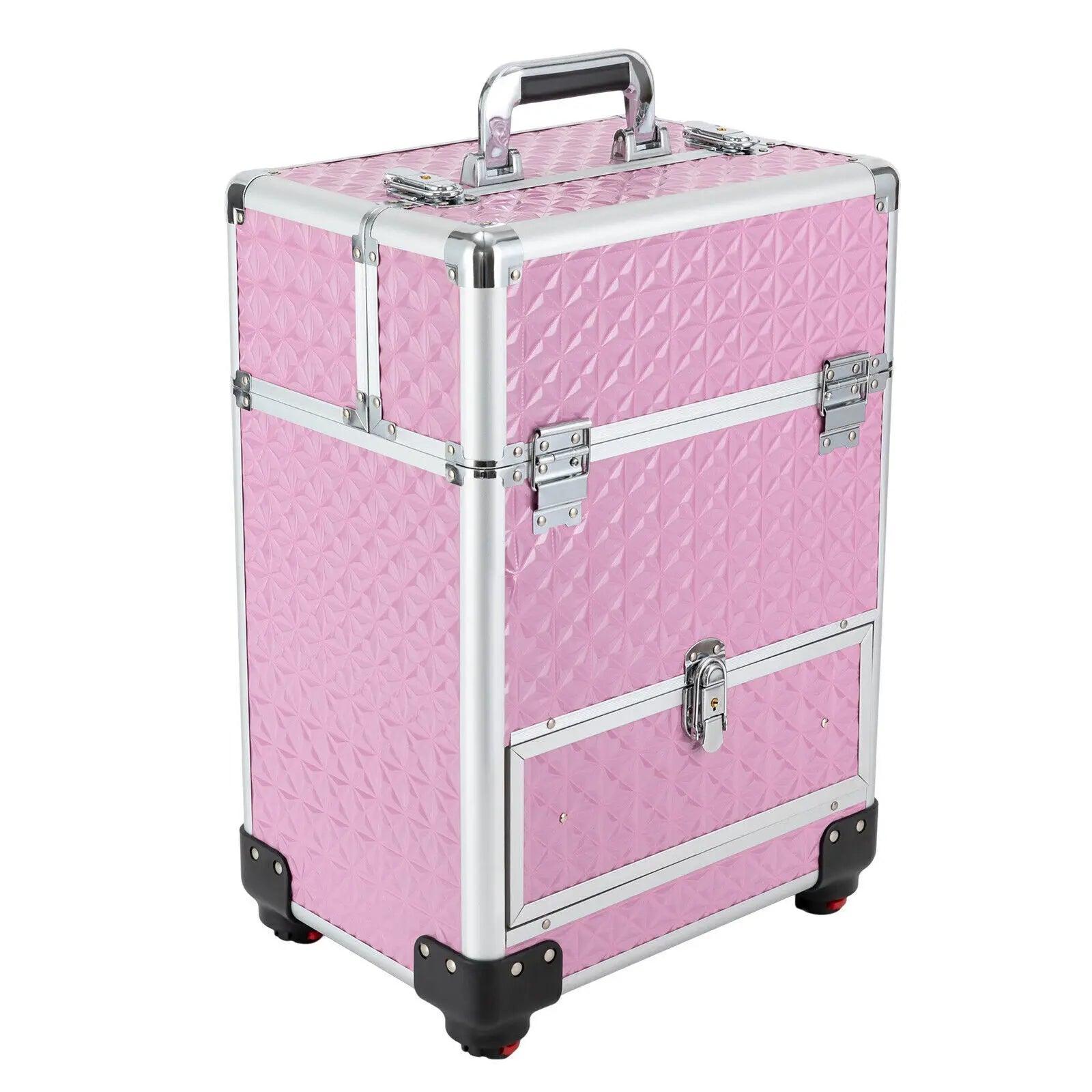 Professional Rolling Makeup Train Case Cosmetic Trolley Makeup Storage Organizer Pink with Keys