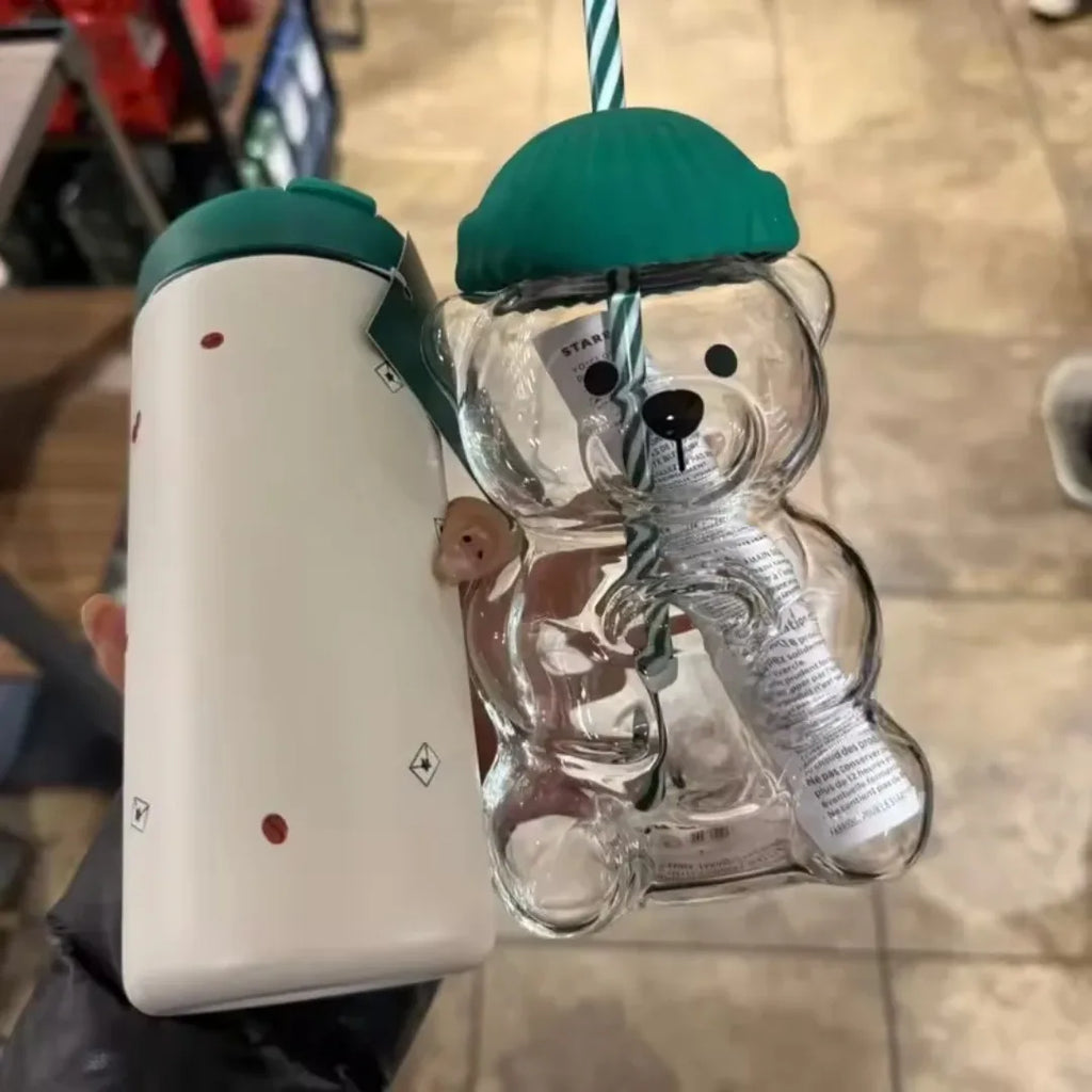 Cute Bear Glass 500ML Green Hat Striped Straw Heat resistant and Durable Suitable for Daily Juice, Milk, Hot Chocolate Beverages