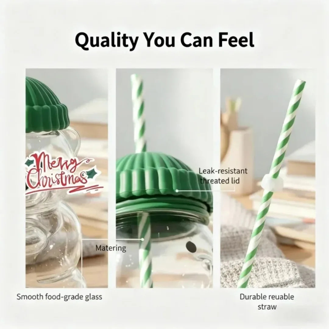 Cute Bear Glass 500ML Green Hat Striped Straw Heat resistant and Durable Suitable for Daily Juice, Milk, Hot Chocolate Beverages