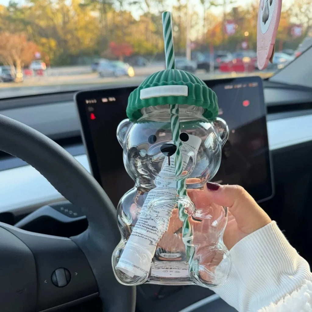 500Ml green bear cup glass straw cup, Starck style leak proof lid, suitable for daily consumption, creative Christmas gift