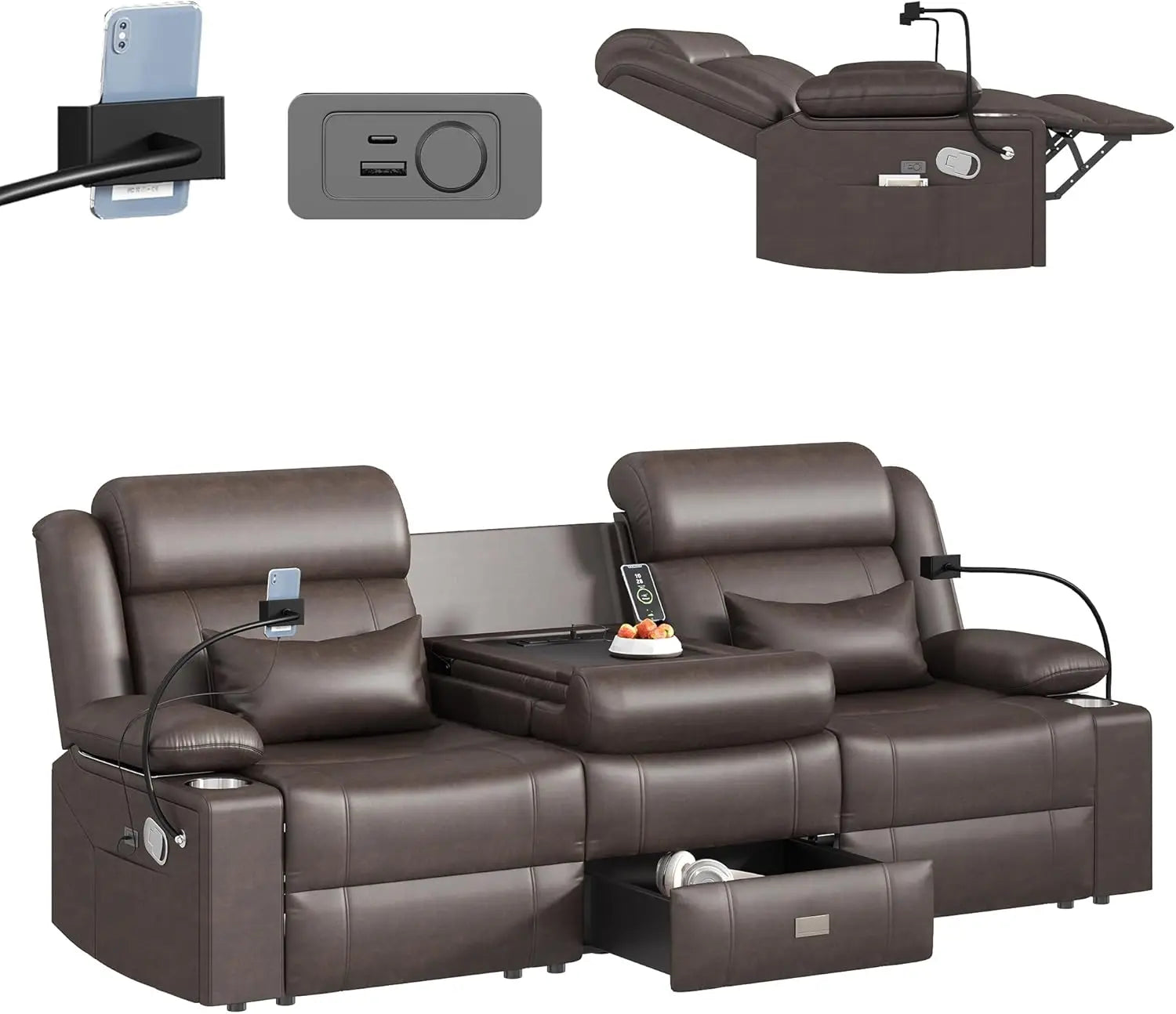 LEVELEVE Home Theater Seating，RV Reclining Sofa Set with Adjustable Headrest， Recliner Sofa with Heat and USB&Type-C, Dawer