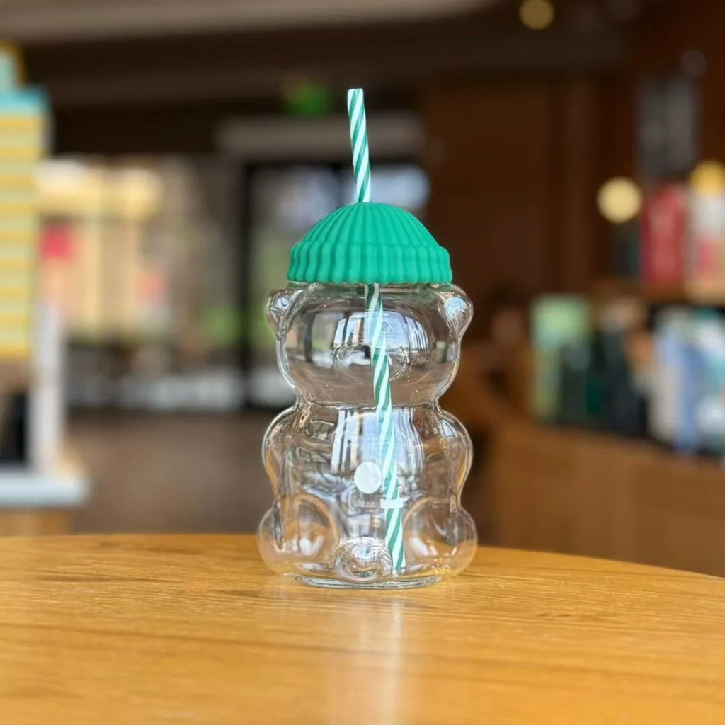 500Ml green bear cup glass straw cup, Starck style leak proof lid, suitable for daily consumption, creative Christmas gift
