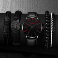 5pcs Black Quartz Watches Bracelet Men Business Casual Round Watch Life Tree PU Leather Bracelets Sets