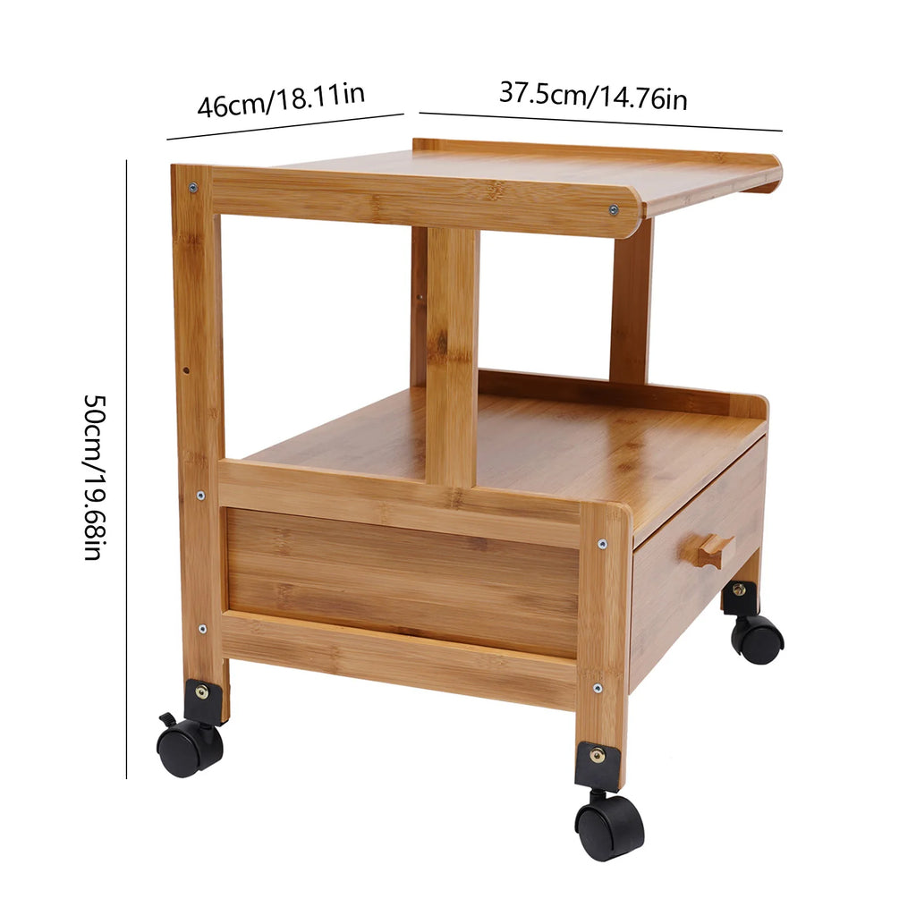 2 Tiers Wood Storage Cart with Wheels Drawer Office Printer Stand Office Rolling Cart Printer Cart for Home Office Library