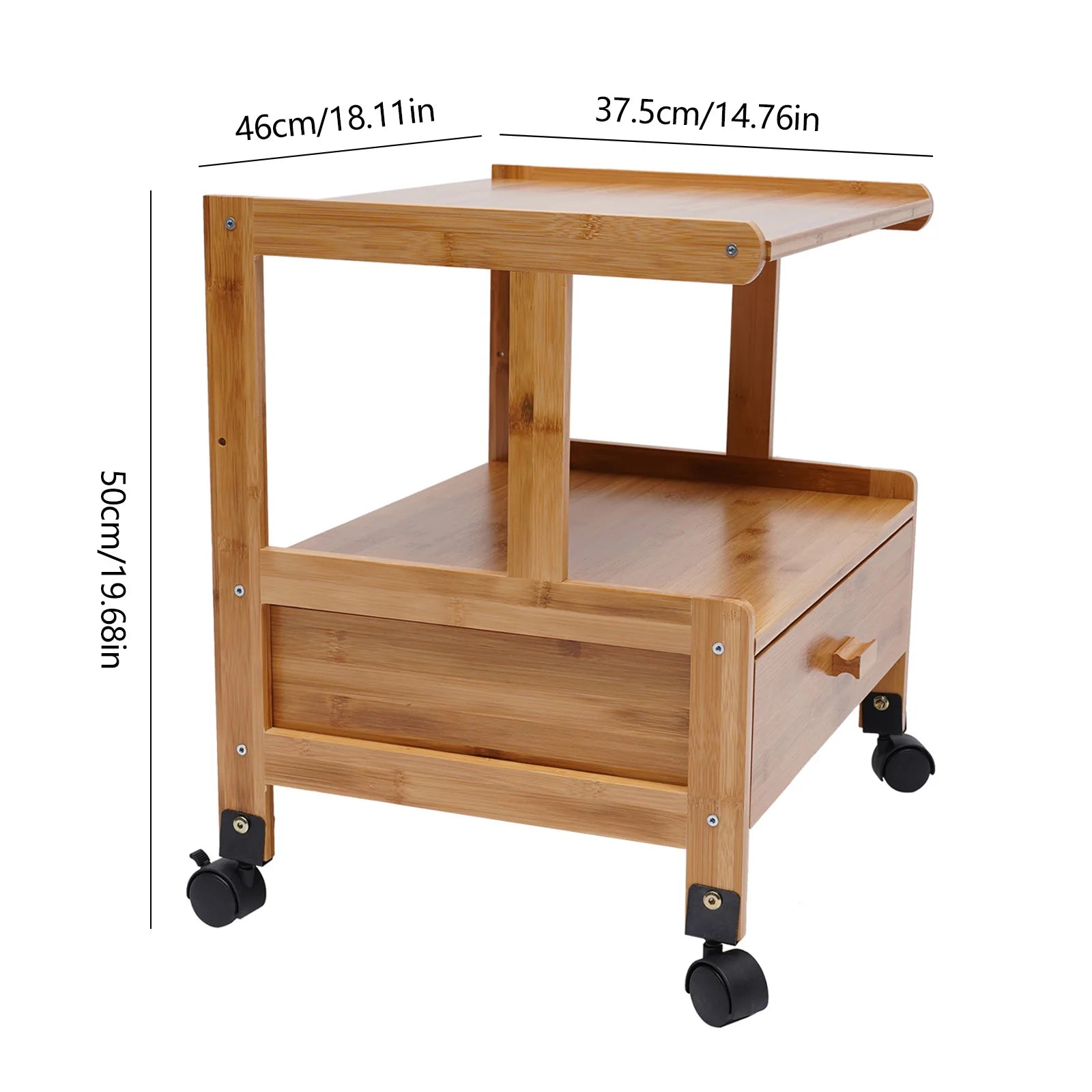 2 Tiers Wood Storage Cart with Wheels Drawer Office Printer Stand Office Rolling Cart Printer Cart for Home Office Library