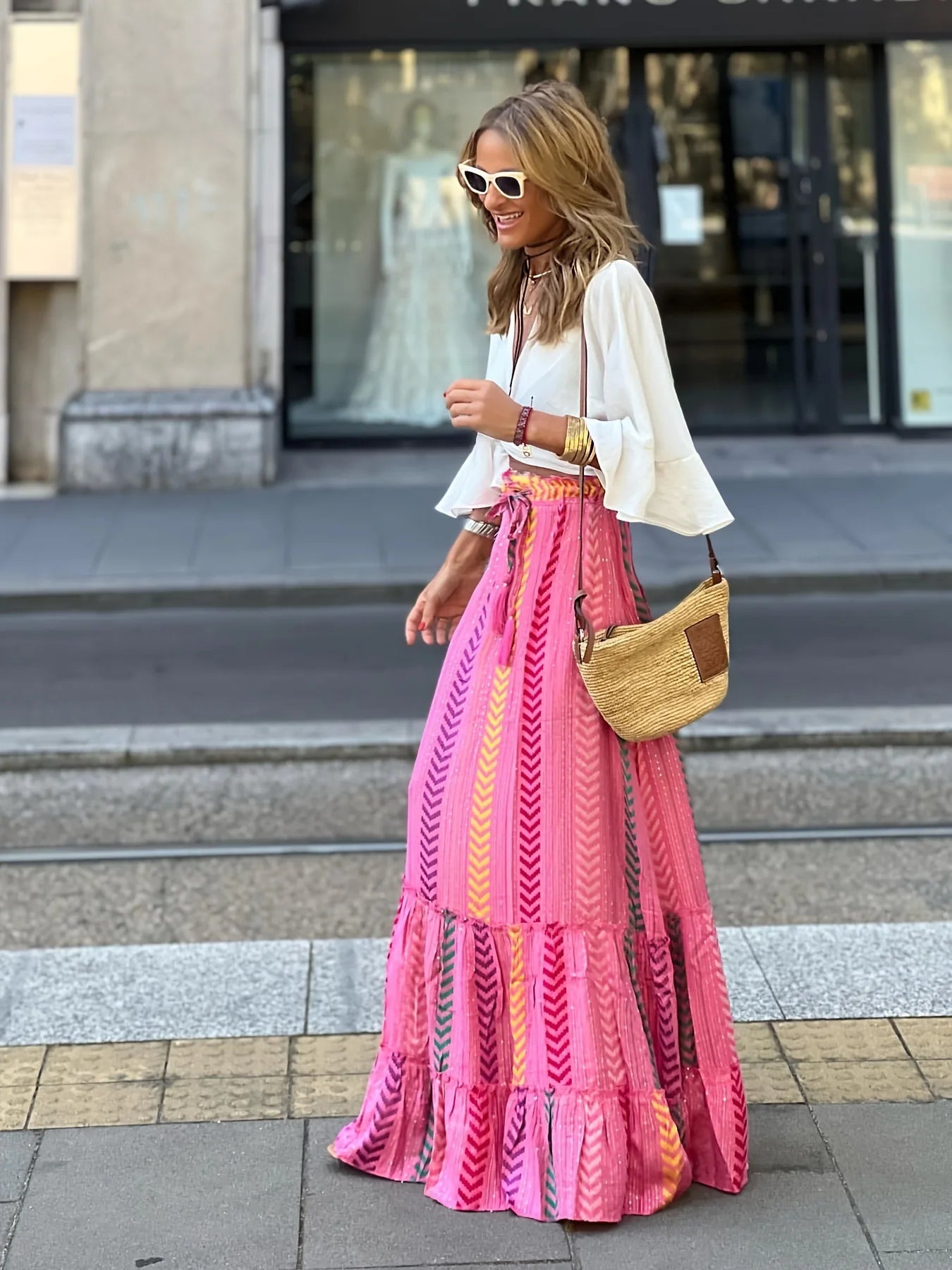 Elegant Women Green Print Elastic Waist Skirt Spring Summer Femme Patchwork Slim SkirtStreetwear Casual Ankle-Length Long Skirt