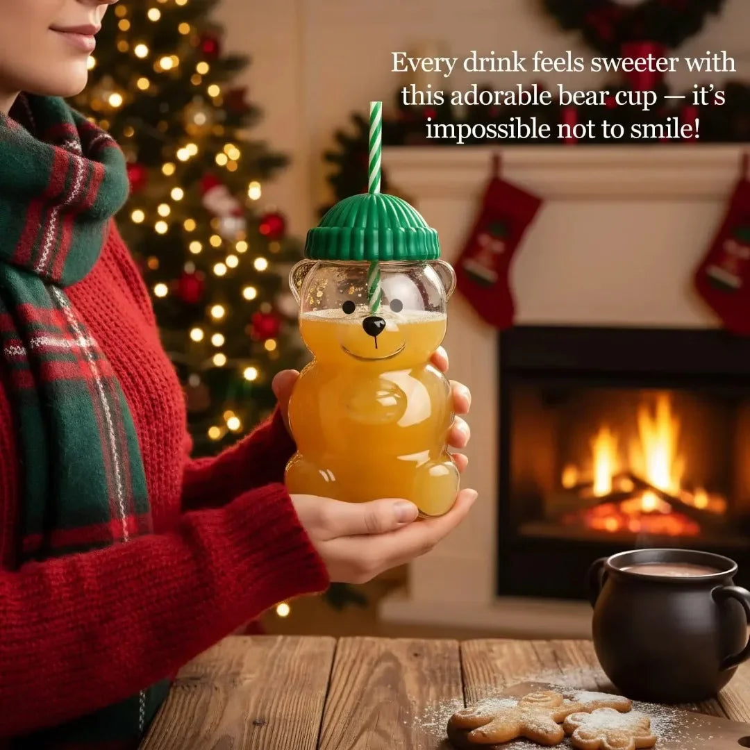 500Ml green bear cup glass straw cup, Starck style leak proof lid, suitable for daily consumption, creative Christmas gift