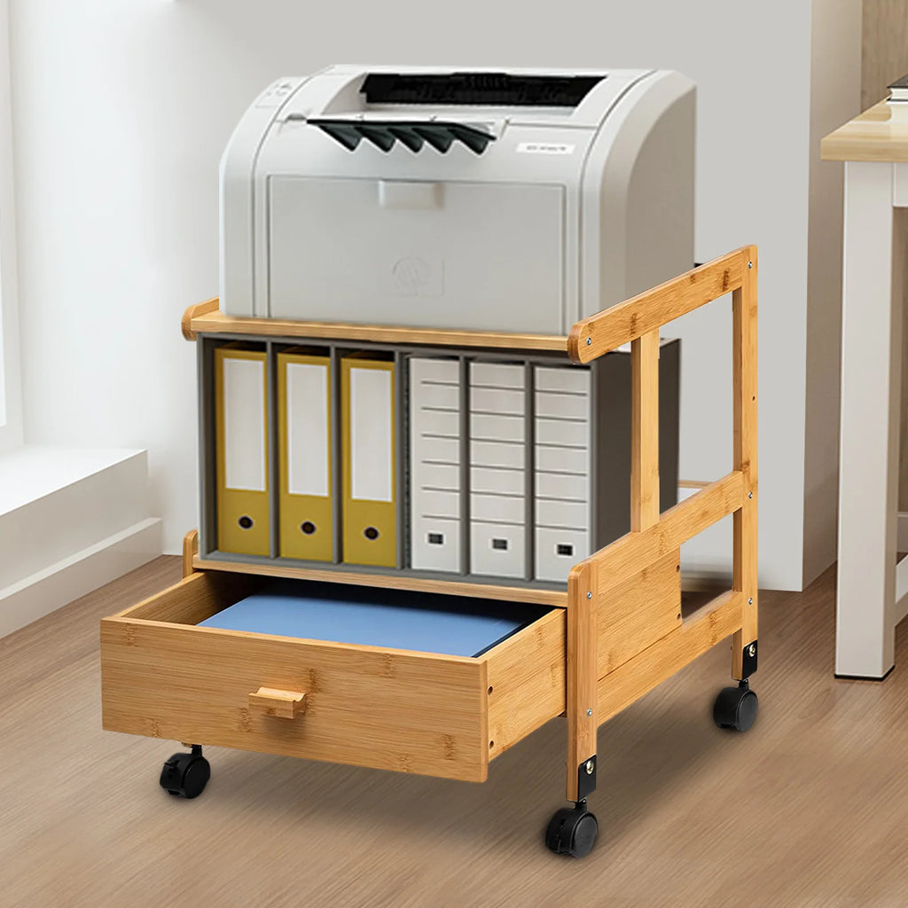 2 Tiers Wood Storage Cart with Wheels Drawer Office Printer Stand Office Rolling Cart Printer Cart for Home Office Library