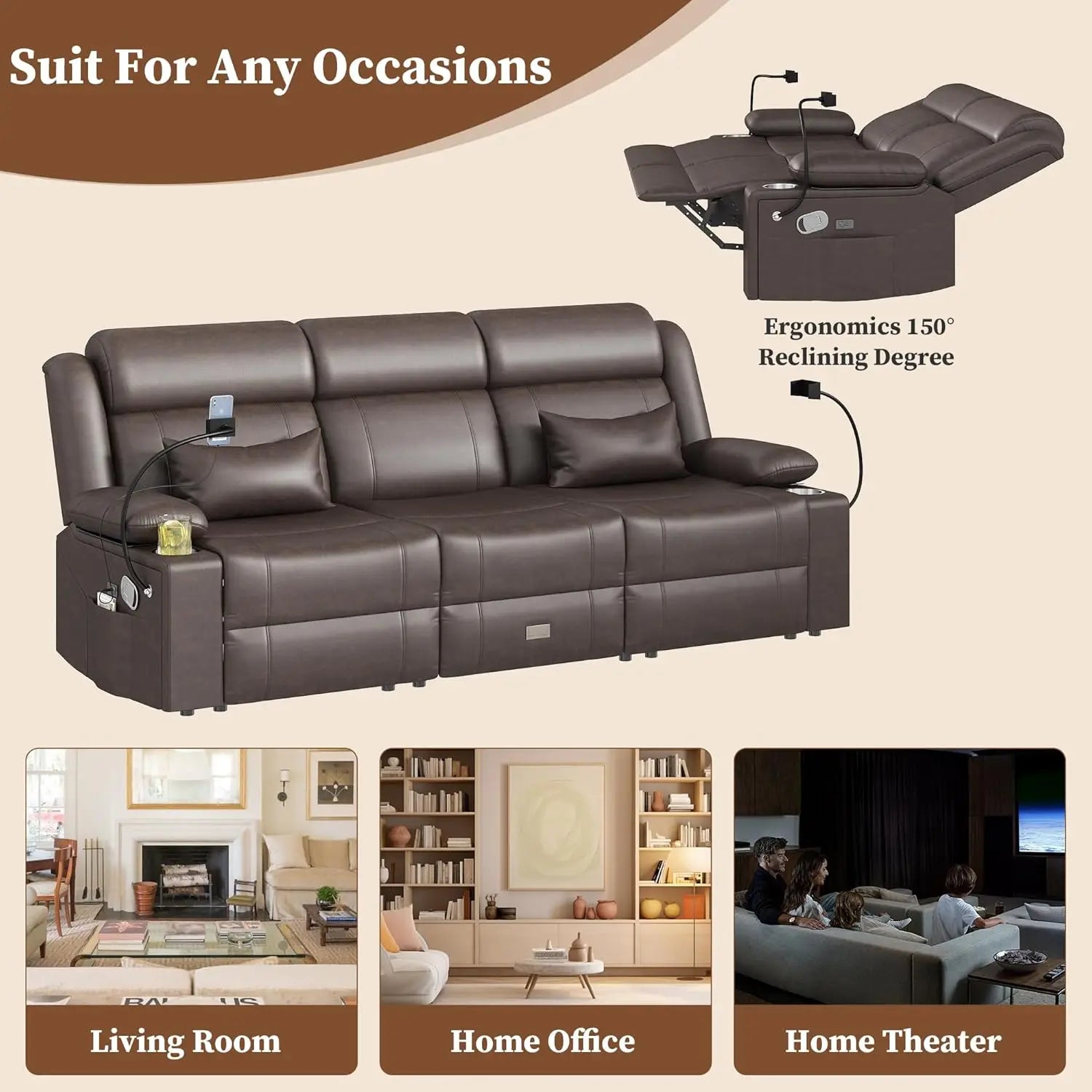 LEVELEVE Home Theater Seating，RV Reclining Sofa Set with Adjustable Headrest， Recliner Sofa with Heat and USB&Type-C, Dawer
