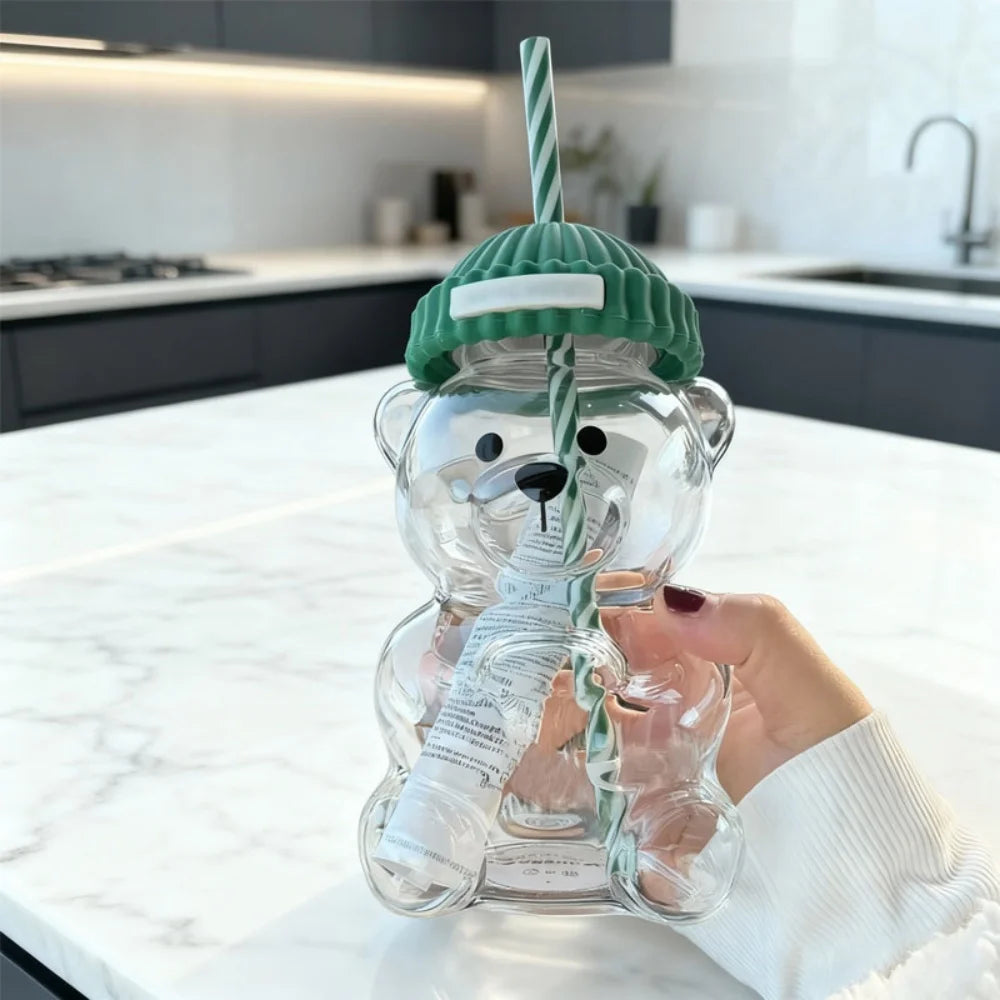 Popular Christmas themed bear cup, green covered straw, transparent juice coffee drinking utensils gift ﻿