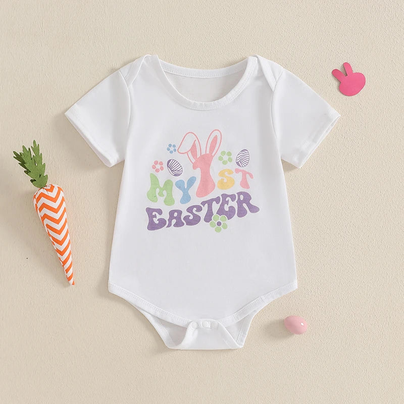 Easter Bunny Ears Printed Short Sleeve Rompers for Infant Boys and Girls Cute Rabbit Theme Summer Bodysuits Jumpsuits