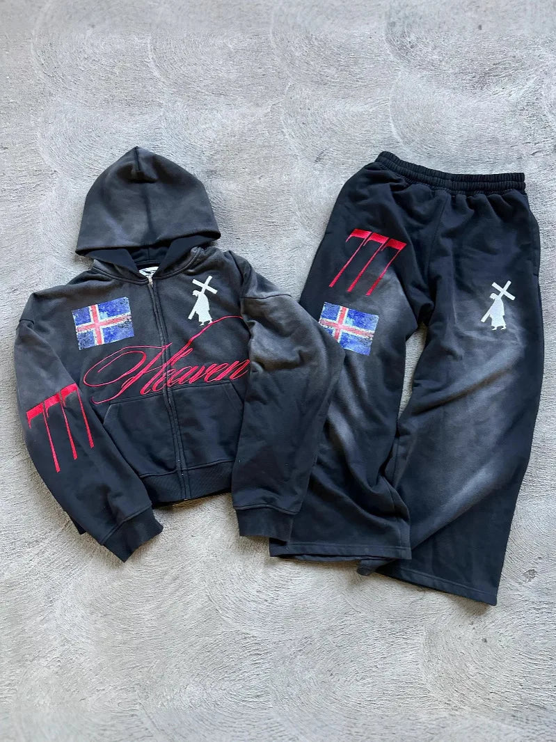 High Street American Retro Streetwear Men's Suit Two-piece Set Goth Harajuku Zipper Hoodie Trendy Casual Sports Suit Sweatshirt