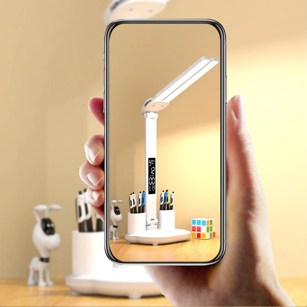 LED Desk Lamp with Calendar Temperature Clock Night Light USB Rechargeable Wireless Table Lamp Touch Control Camping Light