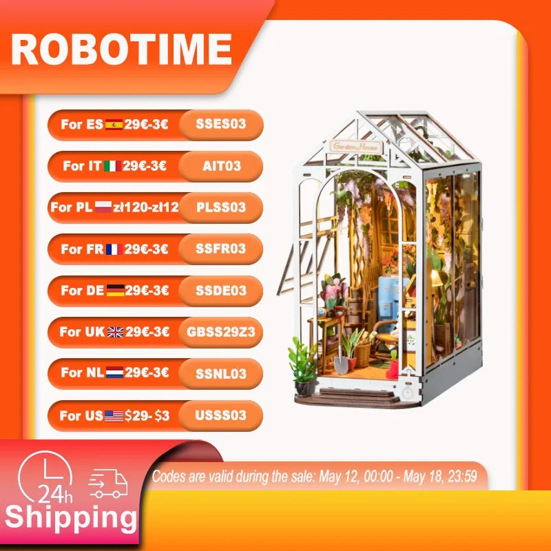 Robotime Rolife Gardenhouse Book Nook DIY Dollhouse Bookend Model Kit with LED Light Wooden Puzzle for Bookshelf Decor - TGB06