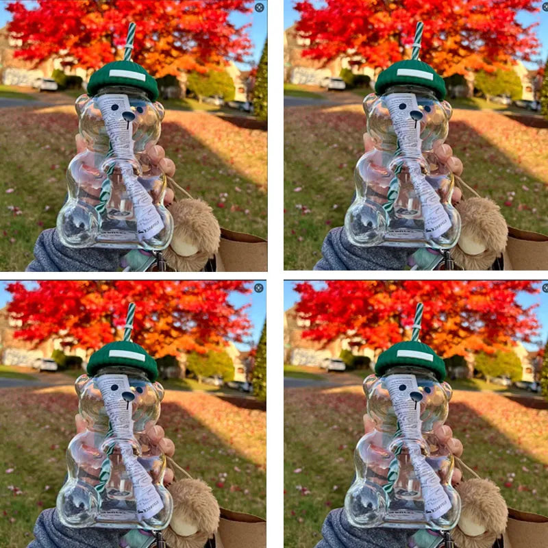 Popular Christmas themed bear cup, green covered straw, transparent juice coffee drinking utensils gift ﻿