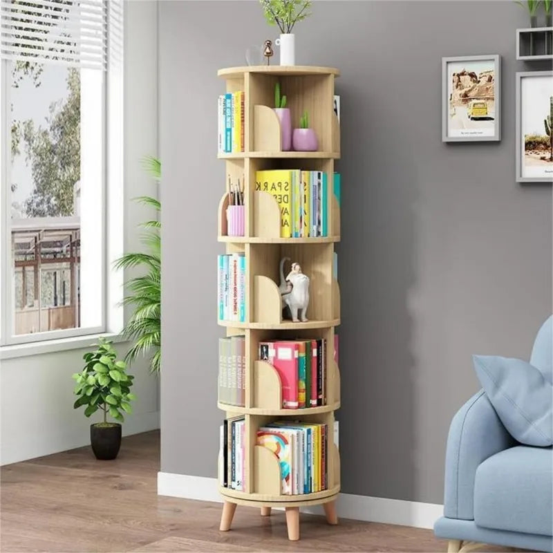 Rotating Bookshelf with Legs, Tall Tower Revolving Standing Book Shelf Wood Bookcase Round Bookshelf for Bedroom Living Room