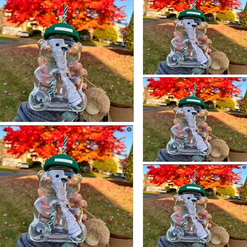 Popular Christmas themed bear cup, green covered straw, transparent juice coffee drinking utensils gift ﻿