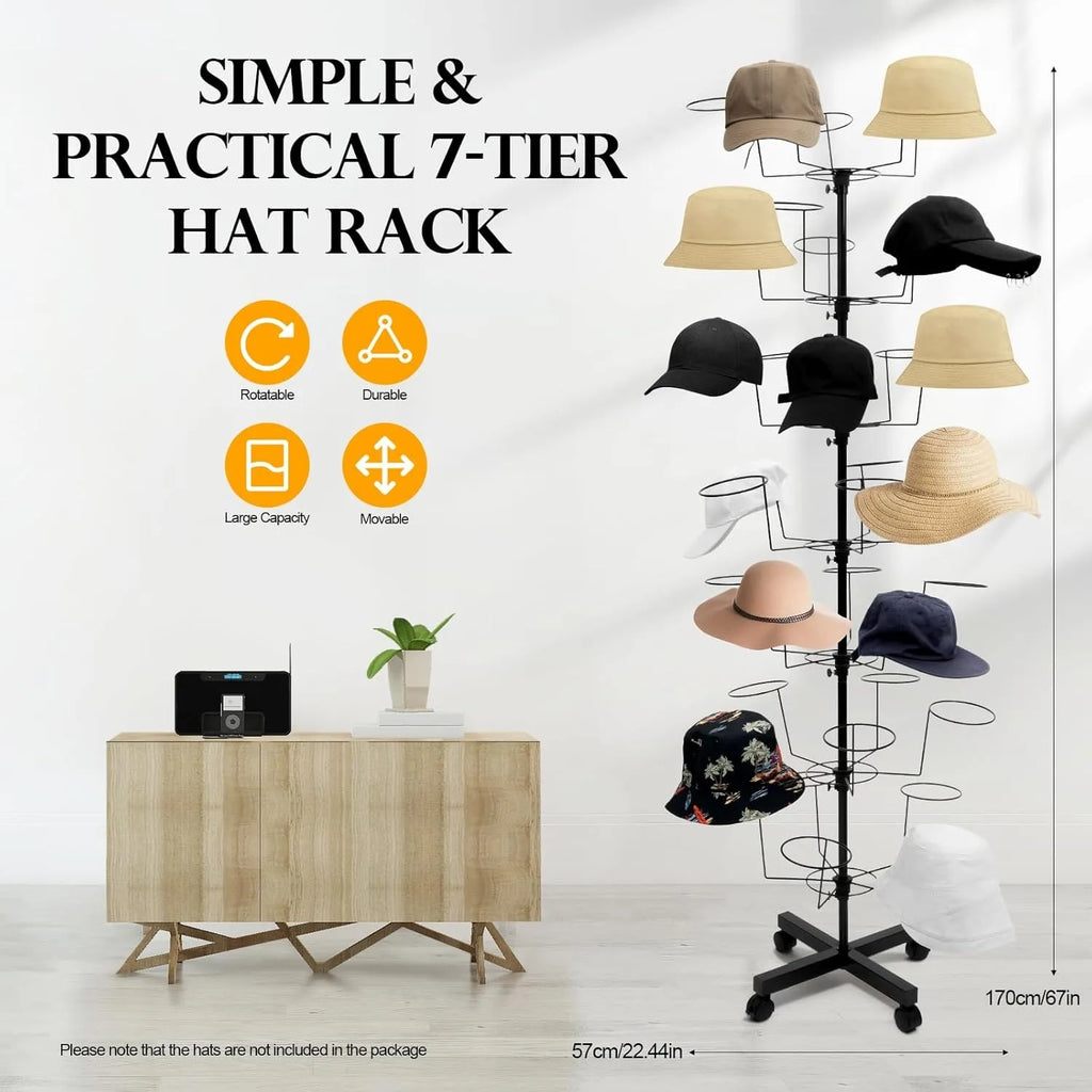Freestanding Rotating Hat Display Rack Stand with 35 Hooks Hat for Headwear Retail Store Black Hat Wig Cap Hanger Rack