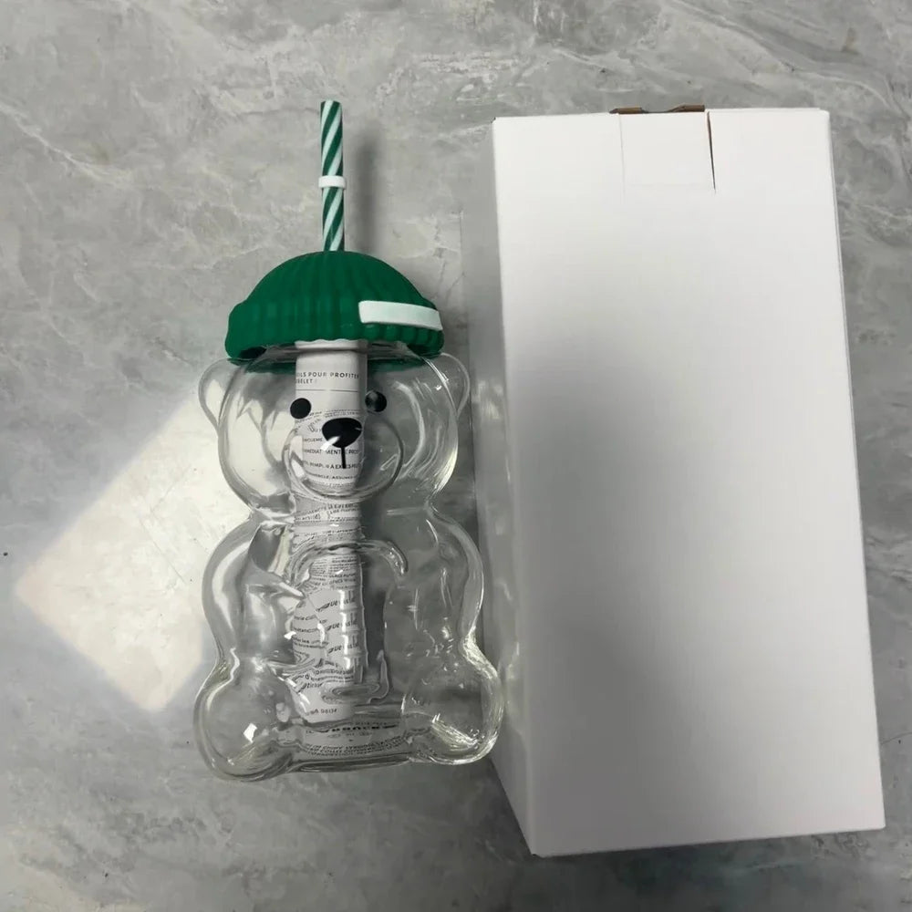 Popular Christmas themed bear cup, green covered straw, transparent juice coffee drinking utensils gift ﻿