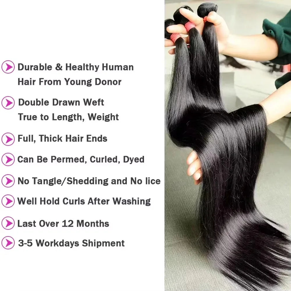 3/4 Pcs Straight Human Hair Bundles Natural Color Weave Straight Human Hair Bundles Extensions Human Hair Bundles For Women
