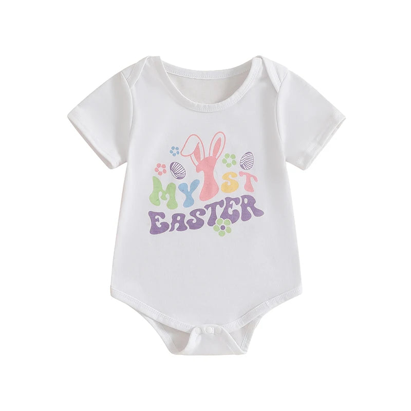 Easter Bunny Ears Printed Short Sleeve Rompers for Infant Boys and Girls Cute Rabbit Theme Summer Bodysuits Jumpsuits