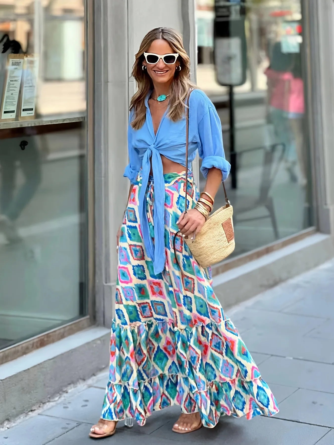 Elegant Women Green Print Elastic Waist Skirt Spring Summer Femme Patchwork Slim SkirtStreetwear Casual Ankle-Length Long Skirt