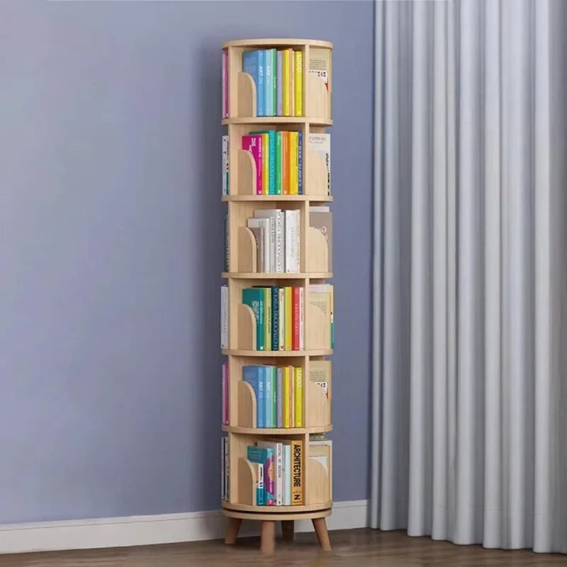 Rotating Bookshelf with Legs, Tall Tower Revolving Standing Book Shelf Wood Bookcase Round Bookshelf for Bedroom Living Room