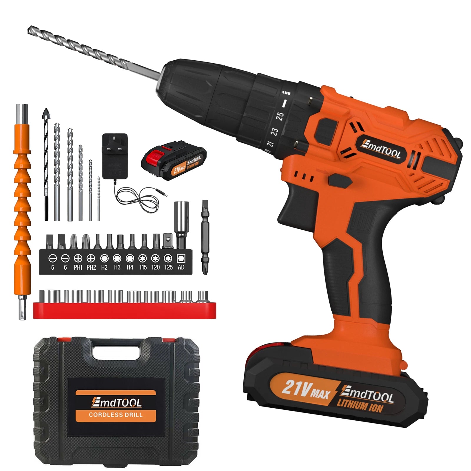 45Nm Cordless Drill Screwdriver with 21V 1.5Ah Battery and Charger, 25+1 Torque, 2700RPM 2 Speed, 29 PCS Accessories, Carry Case