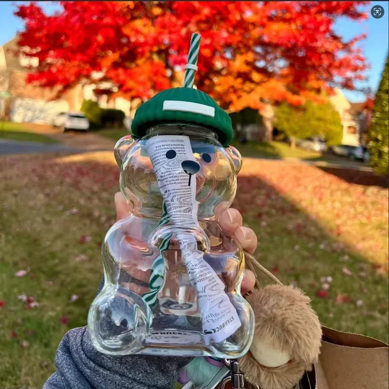 Popular Christmas themed bear cup, green covered straw, transparent juice coffee drinking utensils gift ﻿