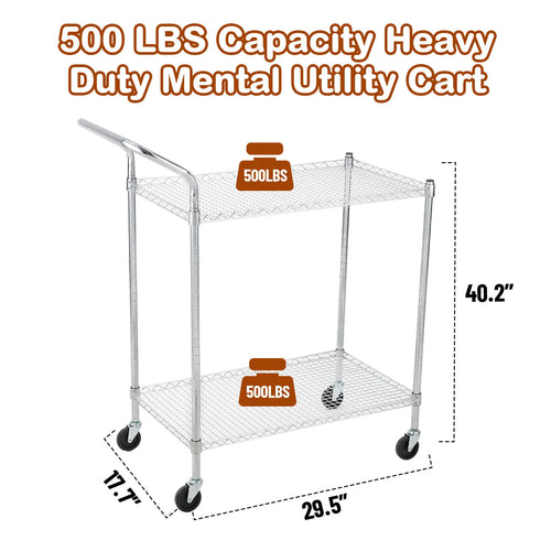 2 Tires Commercial Grade Utility Cart Wire Rolling Cart with Handle Bar, Alloy Steel Food Storage Trolley, High Handle