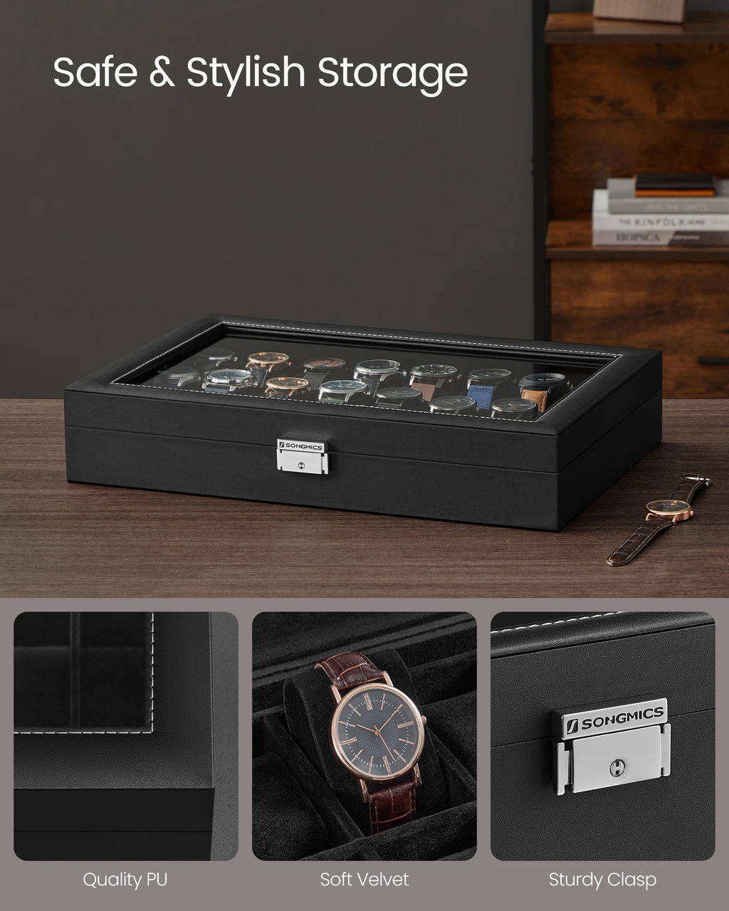 SONGMICS Watch Box, Lockable Watch Case, Watch Storage Box with 24 Slots, Glass Lid, Gift for Loved Ones