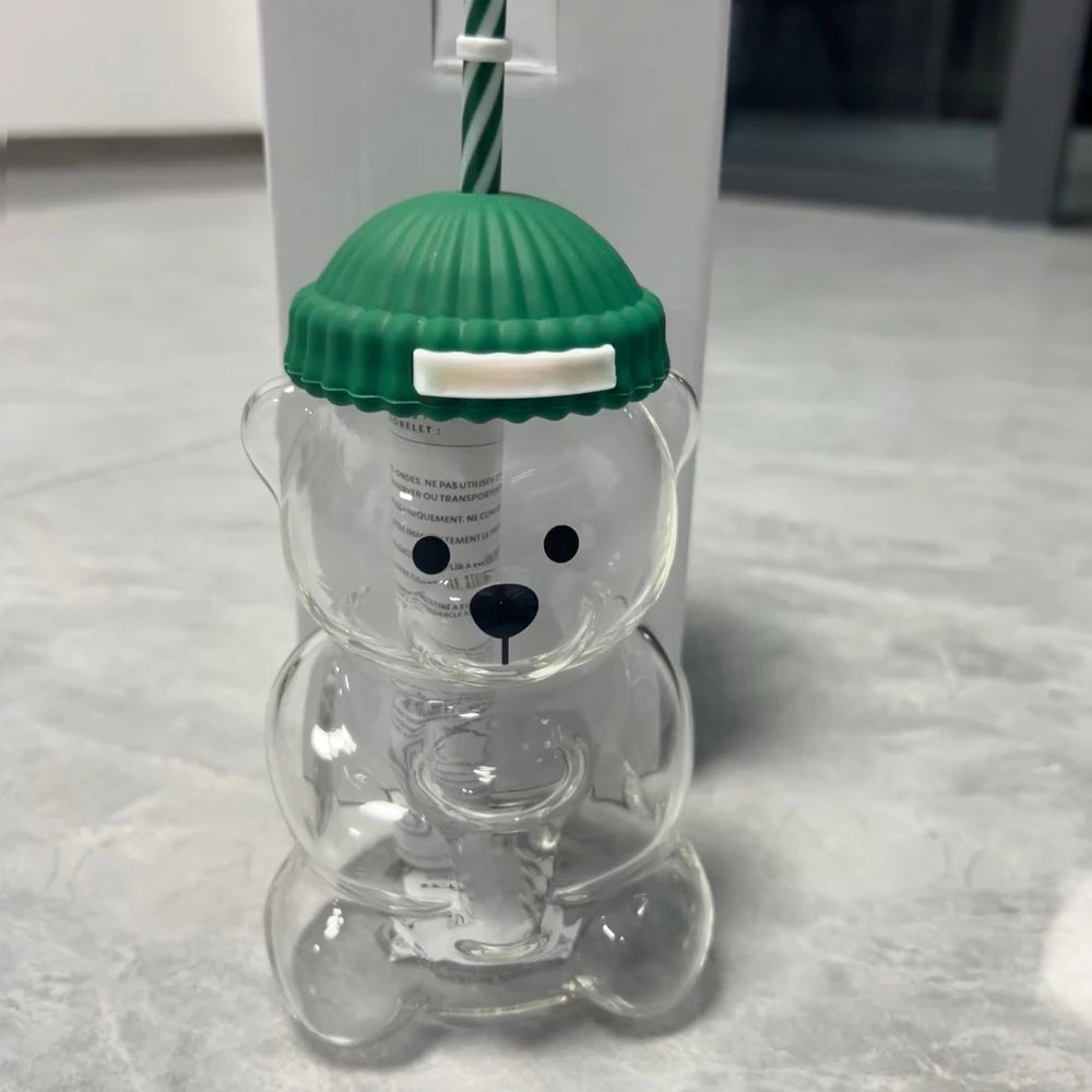 Popular Christmas themed bear cup, green covered straw, transparent juice coffee drinking utensils gift ﻿