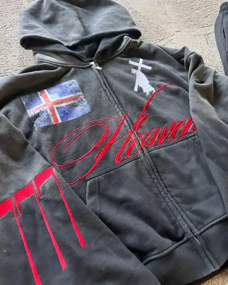 High Street American Retro Streetwear Men's Suit Two-piece Set Goth Harajuku Zipper Hoodie Trendy Casual Sports Suit Sweatshirt