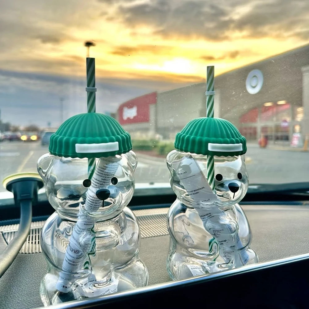 Popular Christmas themed bear cup, green covered straw, transparent juice coffee drinking utensils gift ﻿