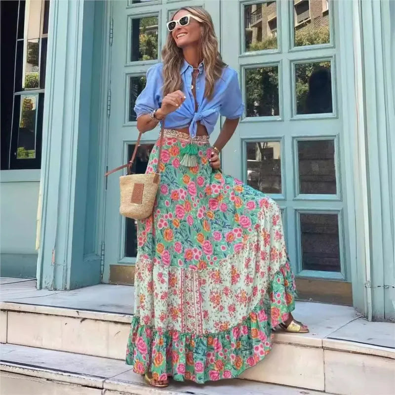 Elegant Women Green Print Elastic Waist Skirt Spring Summer Femme Patchwork Slim SkirtStreetwear Casual Ankle-Length Long Skirt