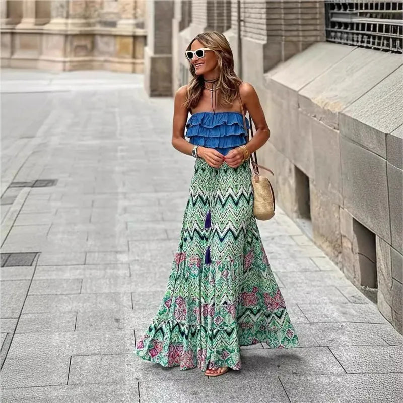 Elegant Women Green Print Elastic Waist Skirt Spring Summer Femme Patchwork Slim SkirtStreetwear Casual Ankle-Length Long Skirt