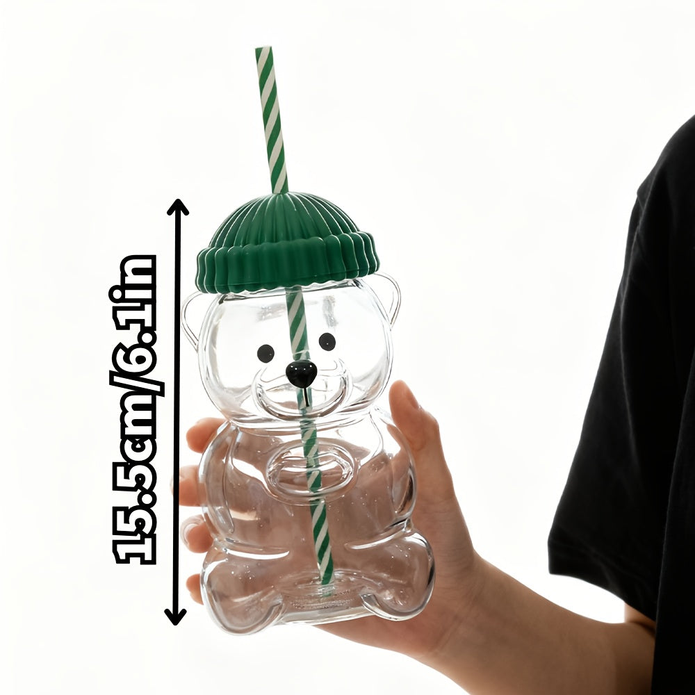 Transparent Bear-shaped Plastic Straw Cup with Lid, Green Lid Featuring Cute Animal Design. Suitable for Coffee, Juice, and as a Perfect Gift Choice - the Best Little Present