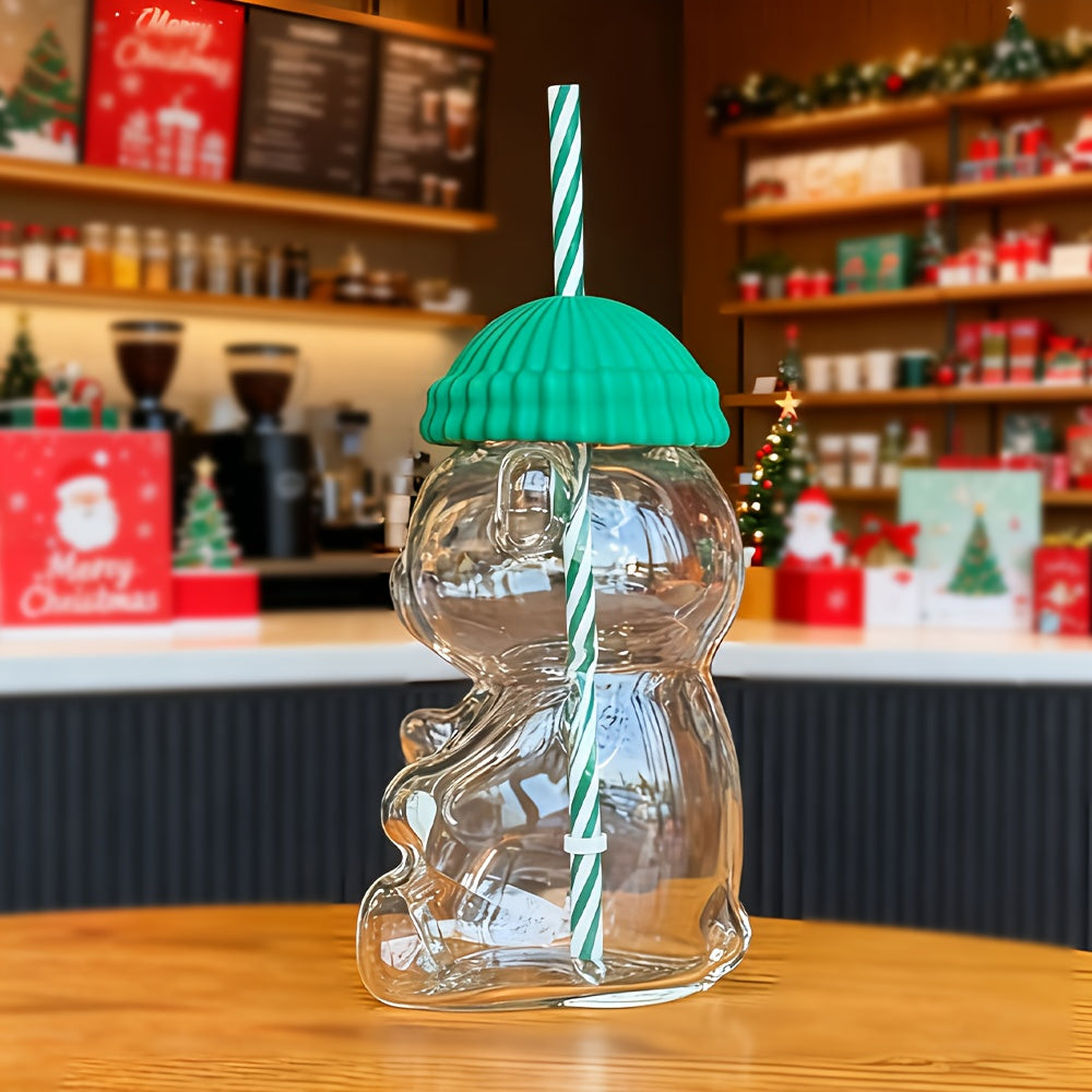 Transparent Bear-shaped Plastic Straw Cup with Lid, Green Lid Featuring Cute Animal Design. Suitable for Coffee, Juice, and as a Perfect Gift Choice - the Best Little Present